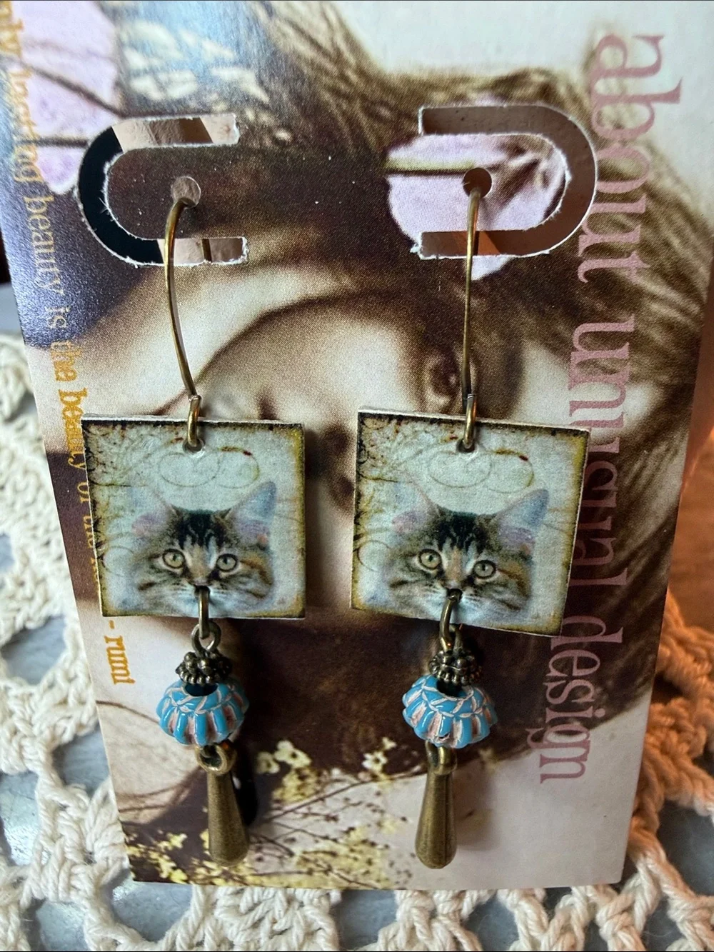 Handmade Cat Portrait Dangle artboard Earrings in Blue and Bronze